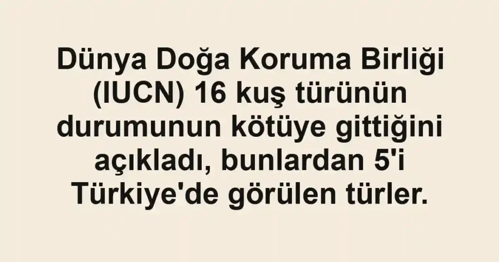 Dünya Doğa Koruma Birliği (IUCN) 16 kuş türünün durumunun kötüye gittiğini açıkladı, bunlardan 5'i Türkiye'de görülen türler.